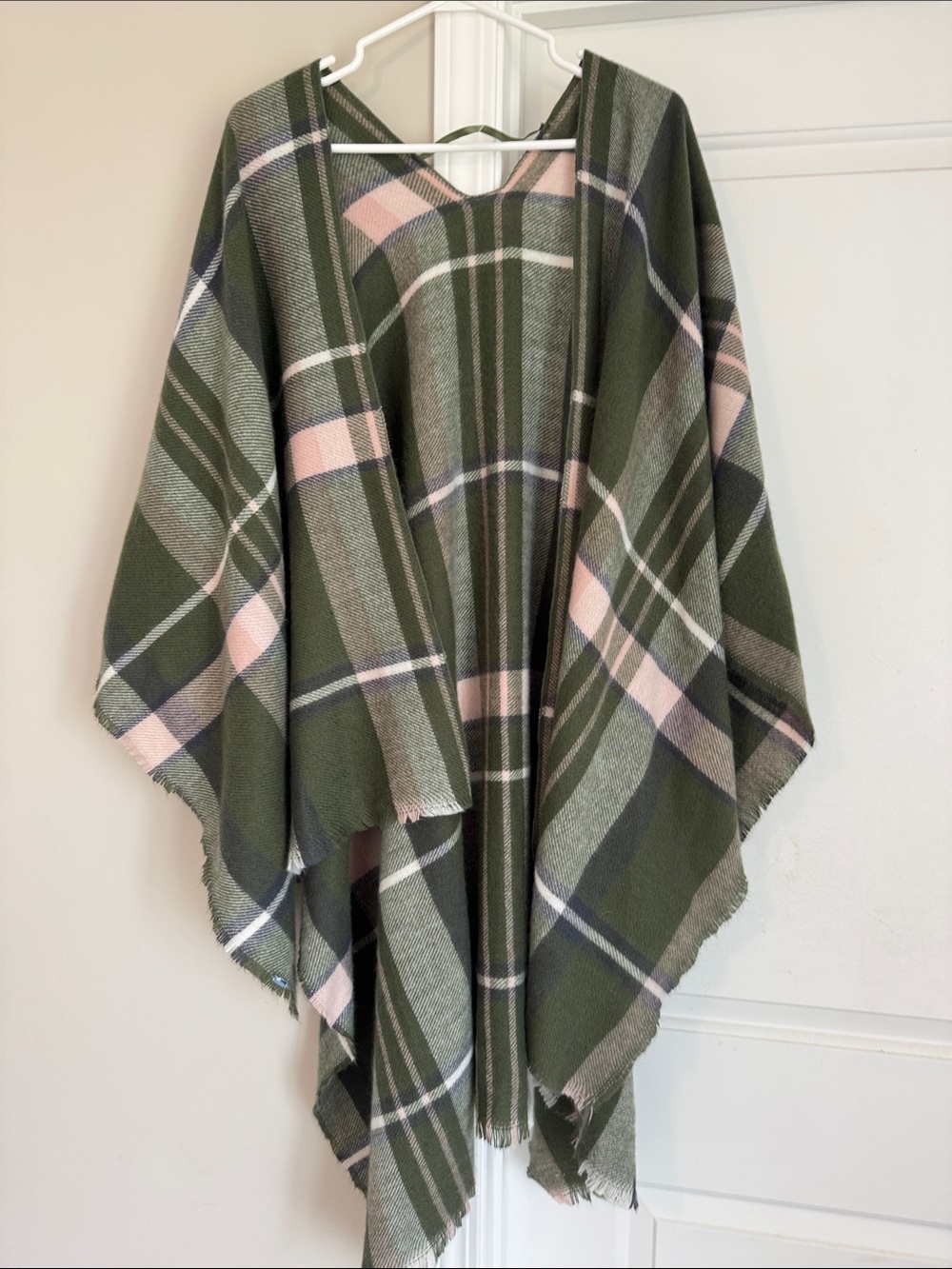 Olive Green and Pink Plaid Throw Poncho - Cozy Layered Home Accent